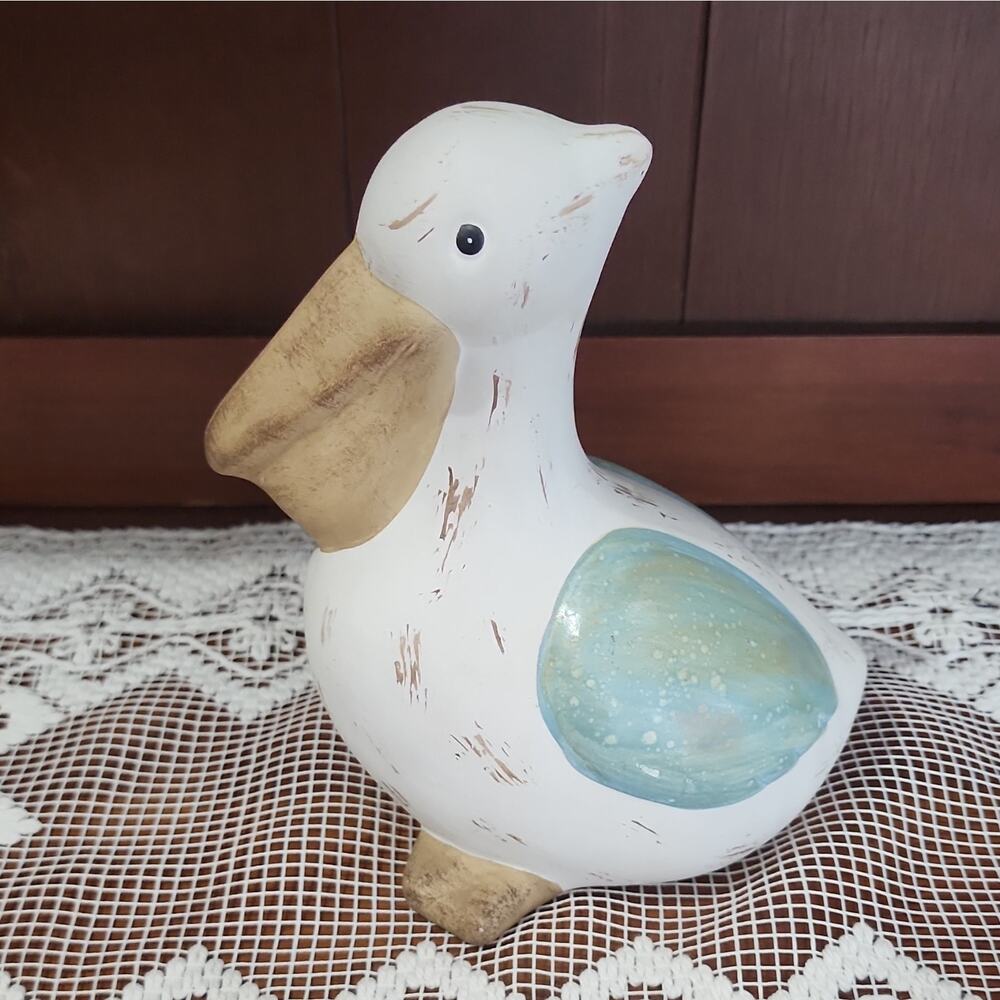 Hand Painted Duck Figurine White Blue Beige Matte Finish Country Style 7in